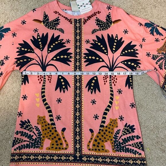 Farm Rio Anthropologie Printed Shift Mini Dress bell sleeves oversized pink comb - Picture 14 of 15